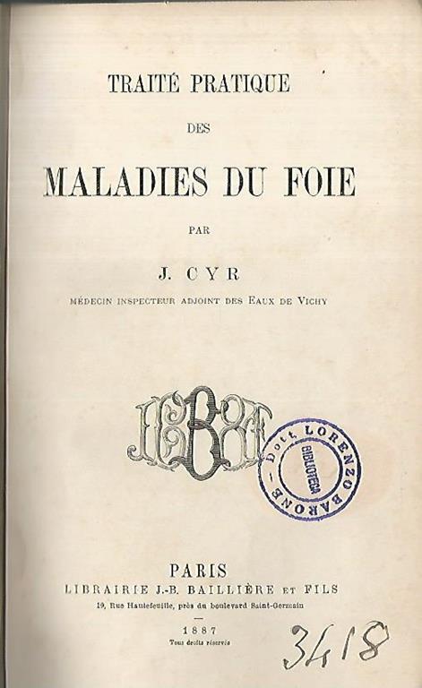 Traitè pratique des maladies du foie - J. Cyr - copertina