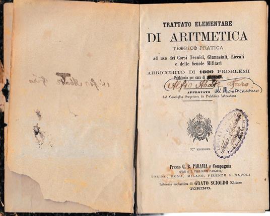 Trattato elementare di aritmetica teorico-pratica - copertina