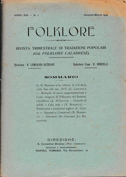 Folklore. Rivista trimestrale di tradizioni popolari. Anno XIII - N. 1 Genn. - Mar. 1929 - copertina