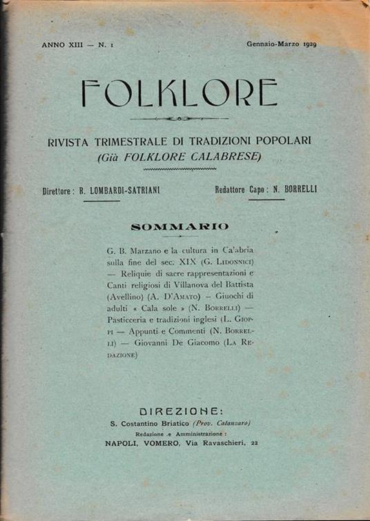 Folklore. Rivista trimestrale di tradizioni popolari. Anno XIII - N. 1 Genn. - Mar. 1929 - copertina