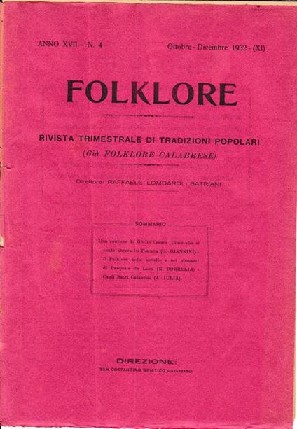 Folklore. Rivista trimestrale di tradizioni popolari. Anno XVII - N. 4 Ott. - Dic. 1932 - copertina