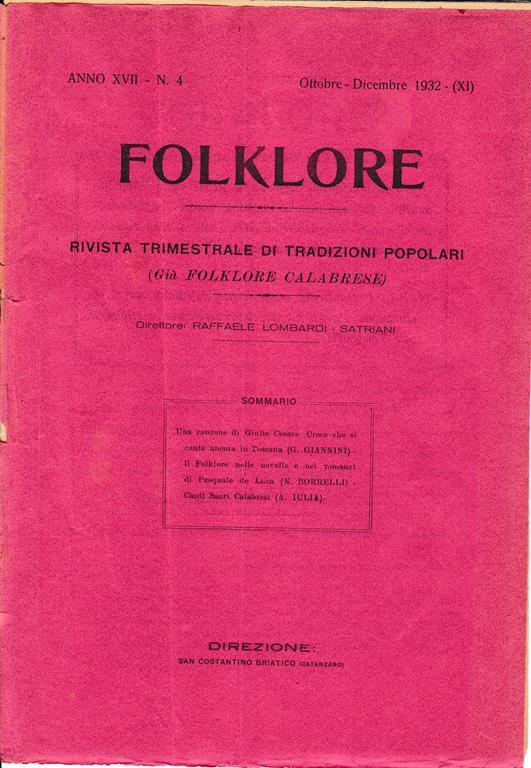Folklore. Rivista trimestrale di tradizioni popolari. Anno XVII - N. 4 Ott. - Dic. 1932 - copertina