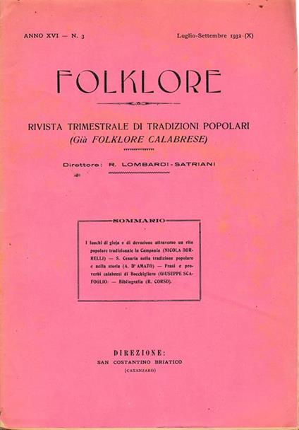 Folklore. Rivista trimestrale di tradizioni popolari. Anno XVI - N. 3 Lugl. - Sett. 1932 - copertina