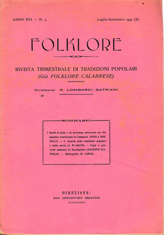 Folklore. Rivista trimestrale di tradizioni popolari. Anno XVI - N. 3 Lugl. - Sett. 1932 - copertina
