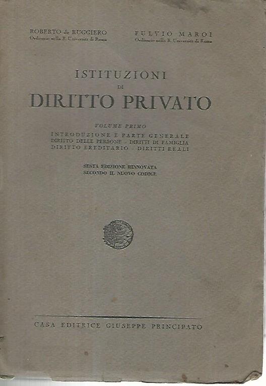 Istituzioni di diritto privato. Volume primo - Roberto De Ruggiero - copertina