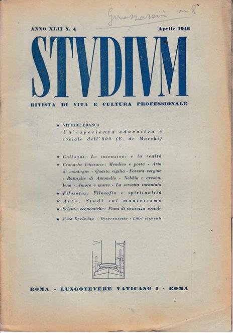 Studium. Rivista di vita e cultura professionale, anno XLII, n. 4 Aprile 1946 - copertina