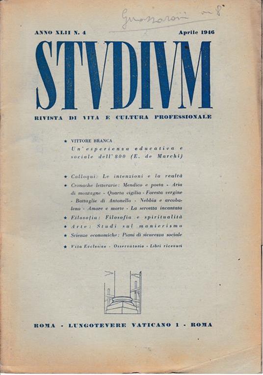Studium. Rivista di vita e cultura professionale, anno XLII, n. 4 Aprile 1946 - copertina