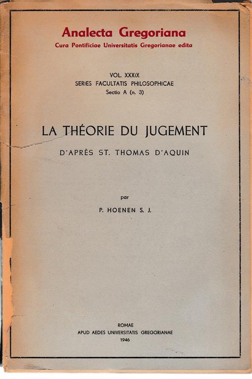 La théorie du judgement. Vol. XXXIX sezione a n. 3 - copertina