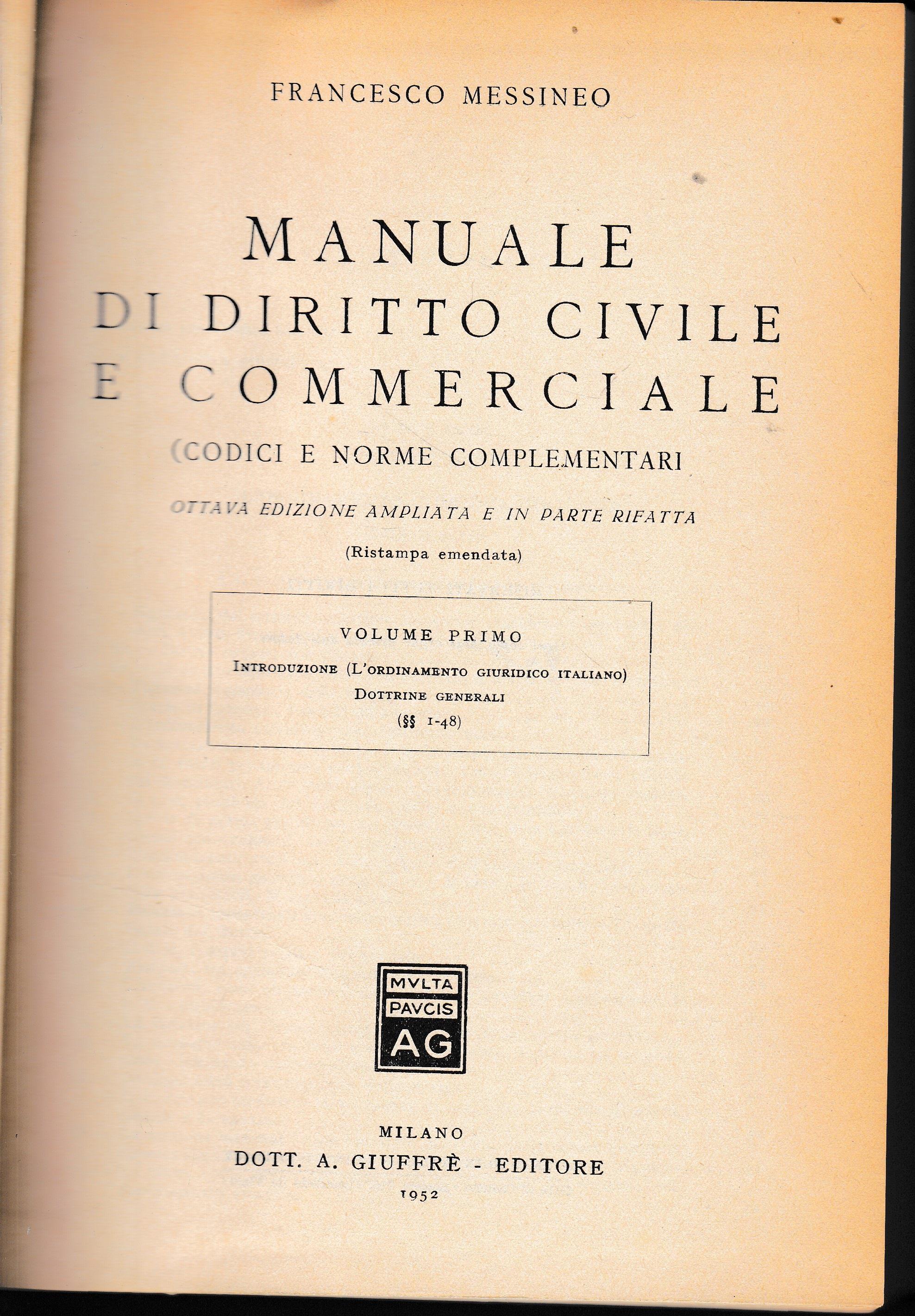 Manuale di diritto civile e commerciale, 1° volume