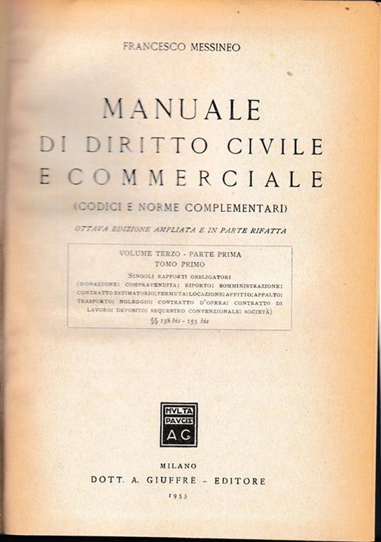 Manuale di diritto civile e commerciale, vol. 3° - parte prima - Francesco Messineo - copertina
