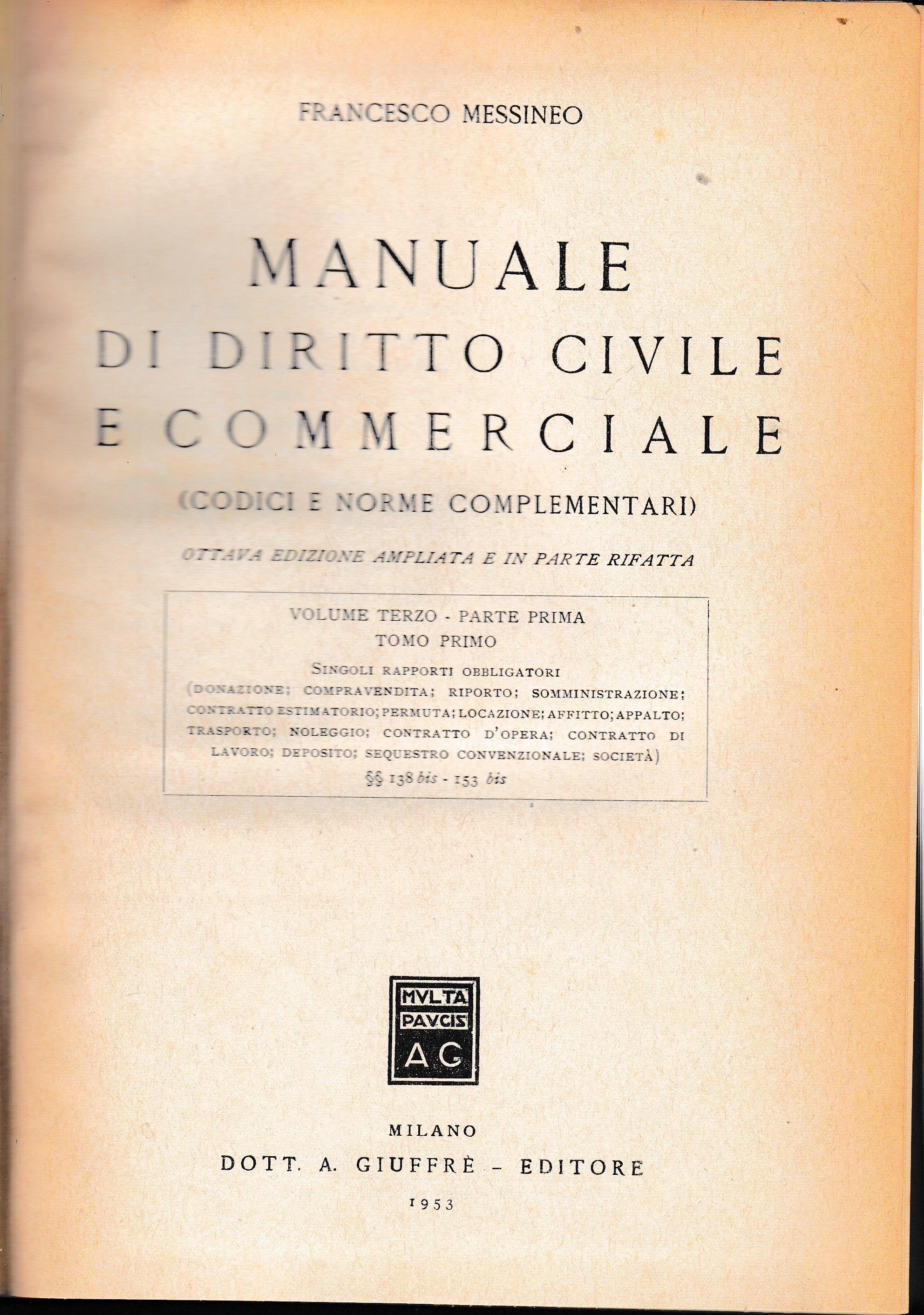 Manuale di diritto civile e commerciale, vol. 3° - parte prima