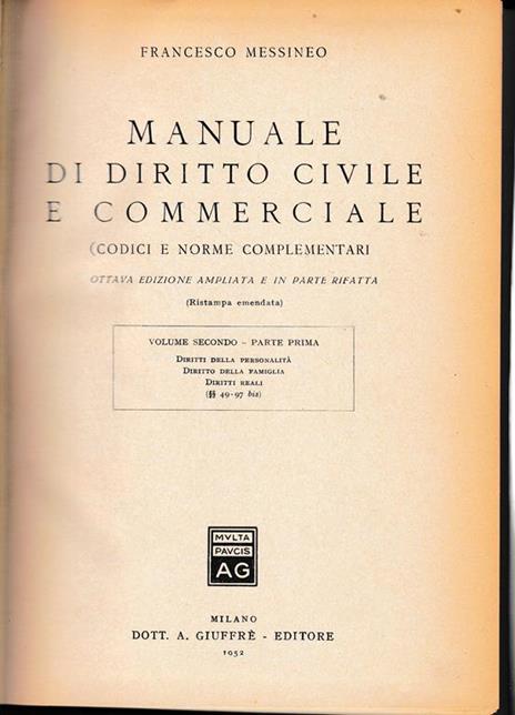 Manuale di diritto civile e commerciale, vol. 2° - parte prima - Francesco Messineo - copertina