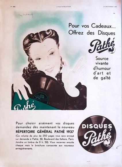 Pubblicità originale francese dei dischi PATHè 1936 - copertina