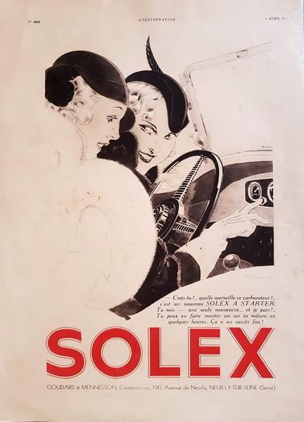Pubblicità originale francese del SOLEX a STARTER (accensione elettrica dell'automobile) 1932 - copertina