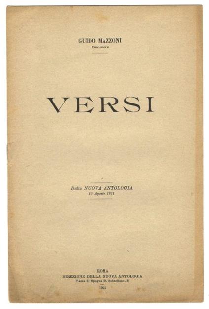 Versi. Dalla Nuova Antologia. 16 agosto 1921 - Guido Mazzoni - copertina
