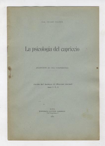 La psicologia del capriccio.Riassunto di una conferenza - Cesare Colucci D'Amato - copertina