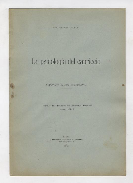 La psicologia del capriccio.Riassunto di una conferenza - Cesare Colucci D'Amato - copertina