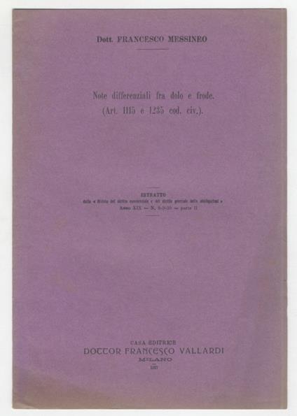 Note differenziali fra dolo e frode (Art. 1115 e 1235 cod. civ.) - Francesco Messineo - copertina