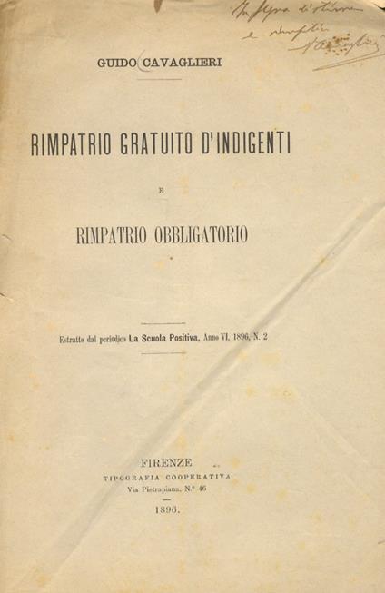 Rimpatrio gratuito d'indigenti e rimpatrio obbligatorio - Guido Cavaglieri - copertina