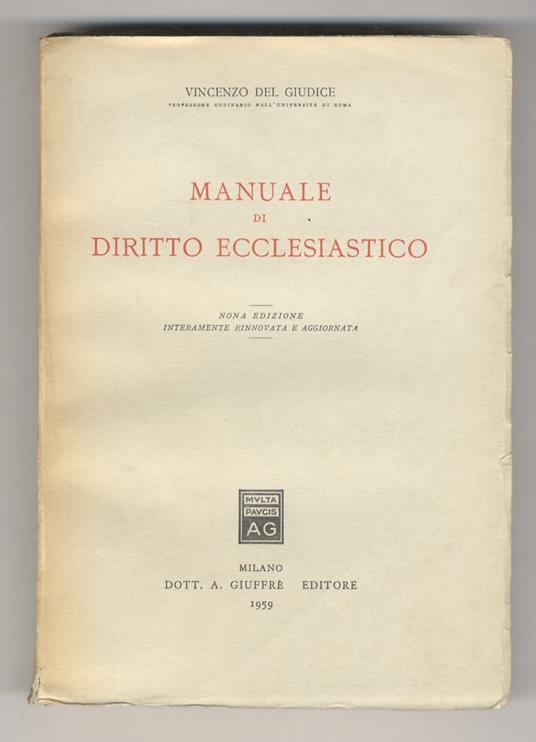 Manuale di Diritto Ecclesiastico. Nona edizione interamente rinnovata e aggiornata - Vincenzo Del Giudice - copertina