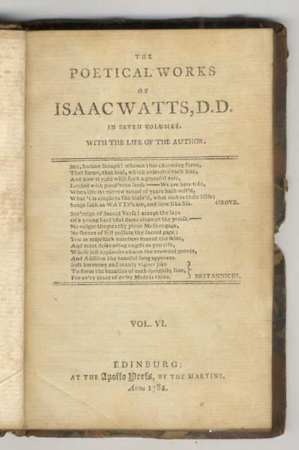 The Poetical Works (...) In seven volumes. With the Life of the Author. Vol. VI. Containing his Horae lyricae. In three Books - Isaac Watts - copertina