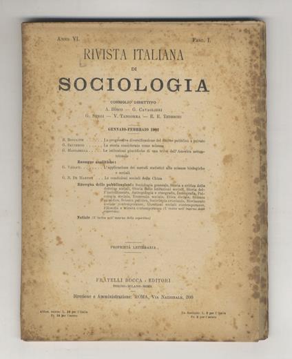 Rivista Italiana di Sociologia. Anno VI. Fasc. I. Gennaio-febbraio 1902 - copertina