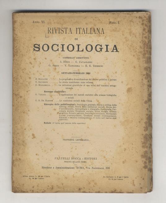 Rivista Italiana di Sociologia. Anno VI. Fasc. I. Gennaio-febbraio 1902 - copertina
