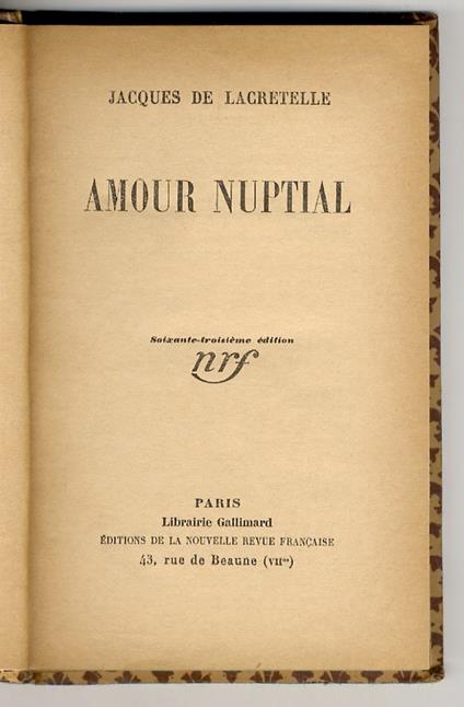 Amour nuptial - Jacques de Lacretelle - copertina