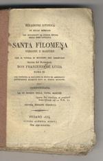 Relazione istorica della traslazione del sacro corpo di Santa Filomena vergine e martire da Roma a Mugnano del Cardinale. Scritta dal Reverendo Don Francesco di Lucia. Tomo II che contiene il racconto di nuovi ed ammirabili avvenimenti accaduti dopo