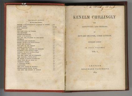 Kenelm Chillingly, his adventures and opinions by Edward Bulwer, Lord Lytton, Copyright Edition. In four volumes. Vol. I. Vol. II - Edward Bulwer Lytton - copertina