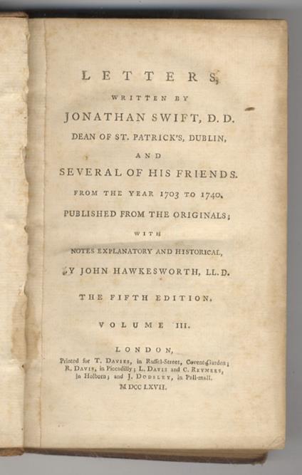 Letters, written by Jonathan Swift, D.D. Dean of St. Patrick's, Dublin, and Several of His Friends from the Year 1703 to 1740, published from the Originals with Notes Explanatory and Historical, by John Hawkesworth, LL. D. The 5th Edition. Volume II - Jonathan Swift - copertina