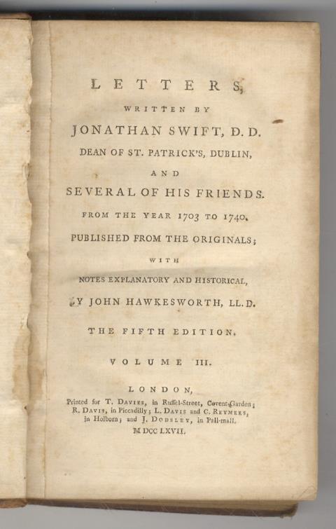 Letters, written by Jonathan Swift, D.D. Dean of St. Patrick's, Dublin, and Several of His Friends from the Year 1703 to 1740, published from the Originals with Notes Explanatory and Historical, by John Hawkesworth, LL. D. The 5th Edition. Volume II - Jonathan Swift - copertina