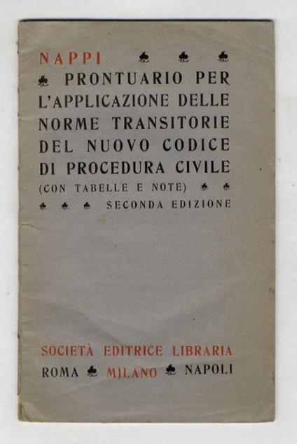 Prontuario per l'applicazione delle norme transitorie del nuovo codice di procedura civile. (Con tabelle e note) - Giuseppe Nappi - copertina