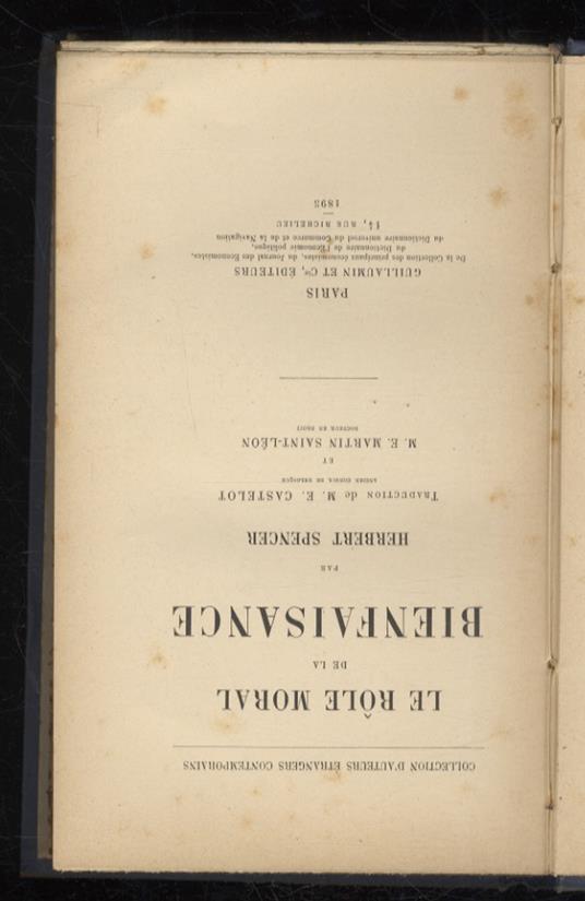 Le rôle moral de la bienfaisance. Traduction de M.E. Castelot et M.E. Martin Saint-Léon - Herbert Spencer - copertina