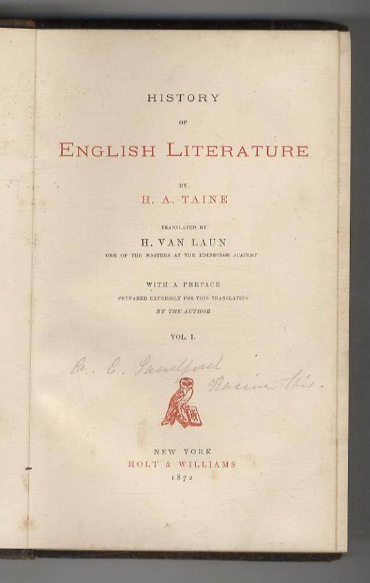 History of the English Literature. Translated by H. Van Laun. With a Preface prepared expressly for this translation by the Author - Hippolyte Taine - copertina