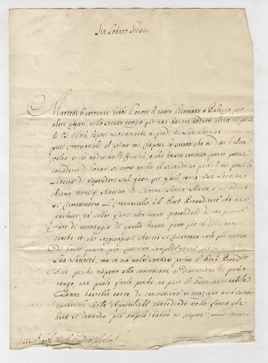 Firma autografa in calce a lettera manoscritta, stesa su due facciate d'un foglio ripiegato una volta. Indirizzata al conte Niccolò Benedetti a Spoleto datata Roma, 14 Xmbre 1729. Martedì 6 corrente hebbi l'onore d'essere chiamato a Palazzo per altr - copertina