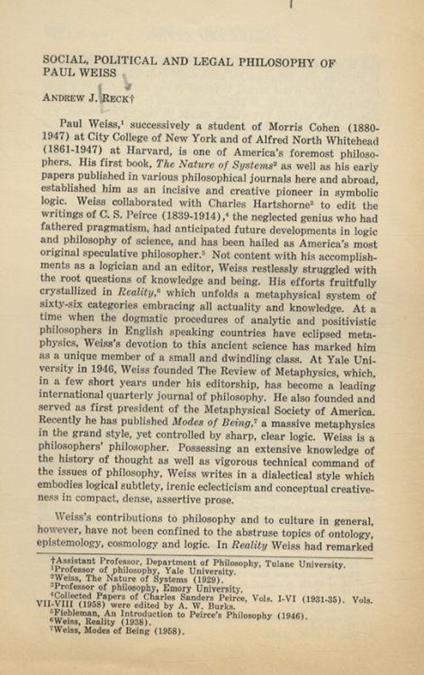 Social, political and legal philosophy of Paul Weiss - A.J Reck - copertina
