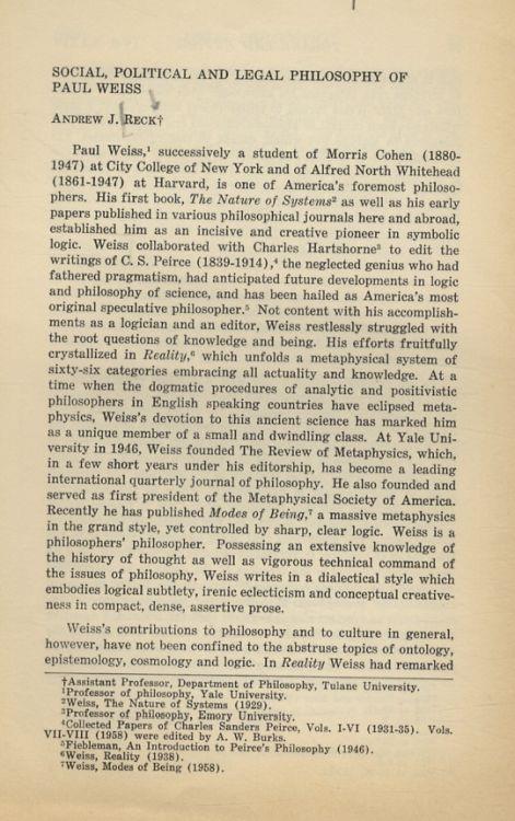 Social, political and legal philosophy of Paul Weiss - A.J Reck - copertina