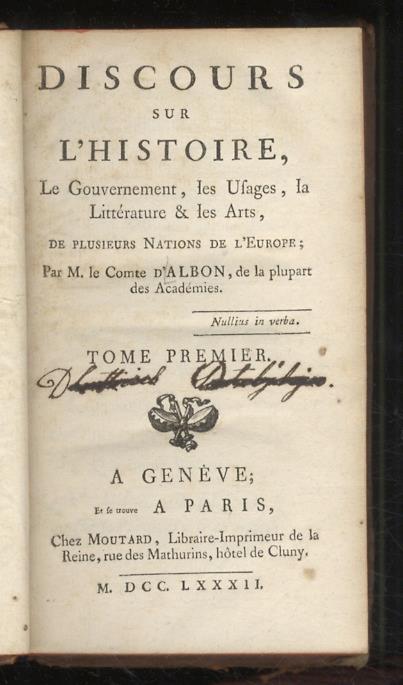 Discours sur l'Histoire, le Gouvernement, les Usages, la Littérature & les Arts de plusieurs Nations de l'Europe. Tome I. (Discours sur l'Angleterre, sur la Hollande) & Tome II. (Discours sur la Suisse, sur l'Italie) - copertina
