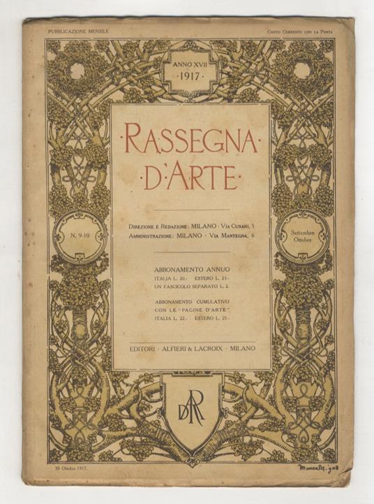 RASSEGNA d'Arte. Anno XVII. 1917. Fascicoli: 7/8 (luglio-agosto), 9/10 (settembre-ottobre), 11/12 (novembre-dicembre) [secondo semestre dell'annata] - copertina