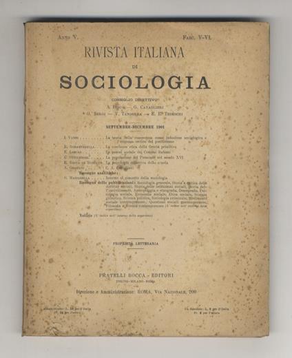 Rivista Italiana di Sociologia. Anno V. Fasc. V-VI. Settembre-dicembre 1901 - copertina
