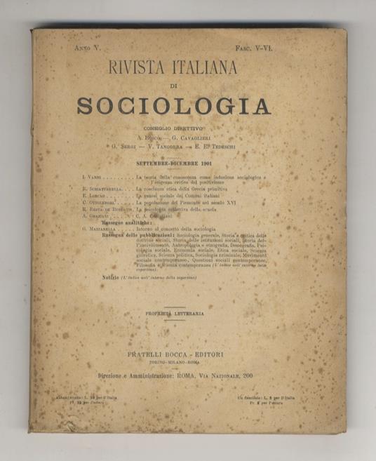 Rivista Italiana di Sociologia. Anno V. Fasc. V-VI. Settembre-dicembre 1901 - copertina