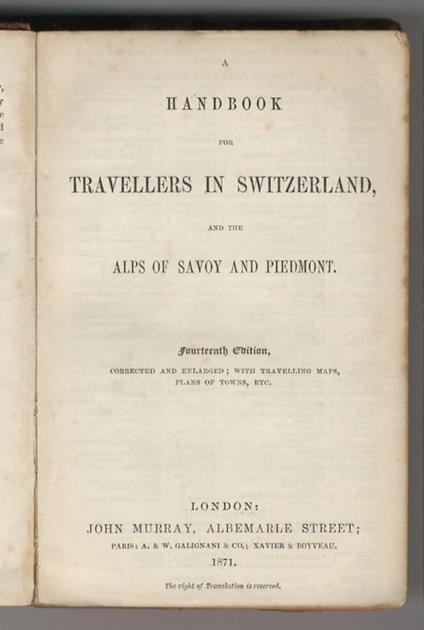 Handbook (A) for Travellers in Switzerland, and the Alps of Savoy and Piedmont. 14th Edition, Corrected and Enlarged with travelling Maps, Plans of Towns, etc - copertina