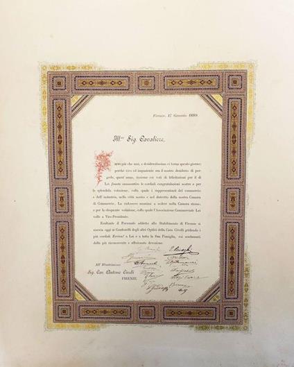 ILL.MO Sig. Cavaliere, lieto più che mai, e desideratissimo ci torna questo giorno perché vivo ed impaziente era il nostro desiderio di porgerle [...] le cordiali congratulazioni nostre e per la splendida votazione colla quale i rappresentanti [...] - copertina