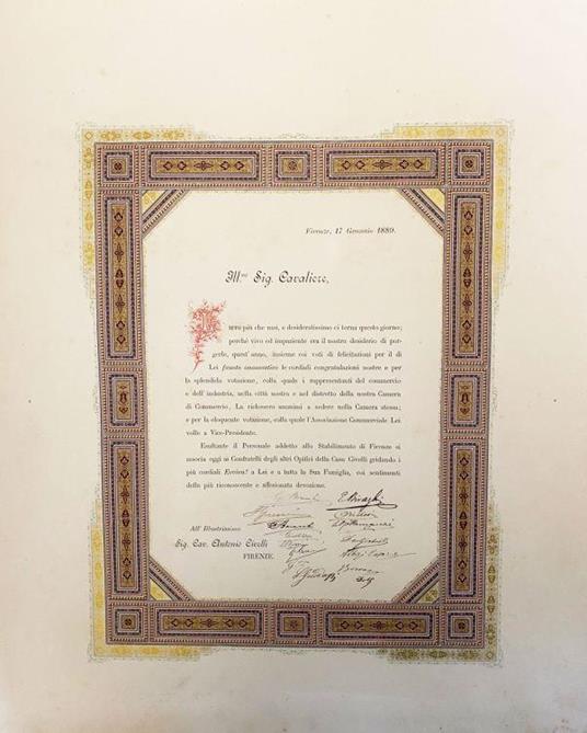 ILL.MO Sig. Cavaliere, lieto più che mai, e desideratissimo ci torna questo giorno perché vivo ed impaziente era il nostro desiderio di porgerle [...] le cordiali congratulazioni nostre e per la splendida votazione colla quale i rappresentanti [...] - copertina