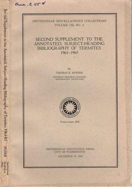 Second supplement to the annotated, subject-heading bibliography of termites 1961-1965 - copertina