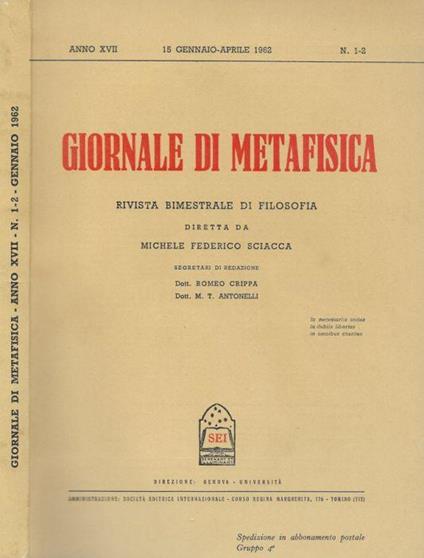 Giornale di metafisica Anno XVII, N.1-2, 1962 - Michele Federico Sciacca - copertina