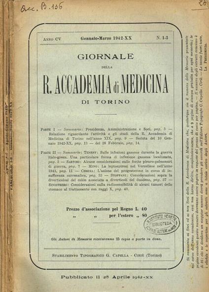Giornale della reale accademia di medicina di Torino. Anno CV, 1942 - copertina