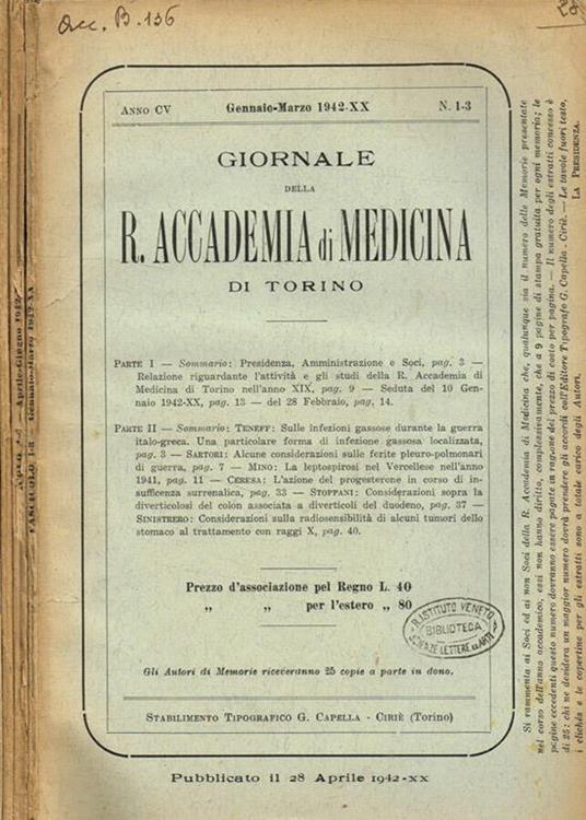 Giornale della reale accademia di medicina di Torino. Anno CV, 1942 - copertina