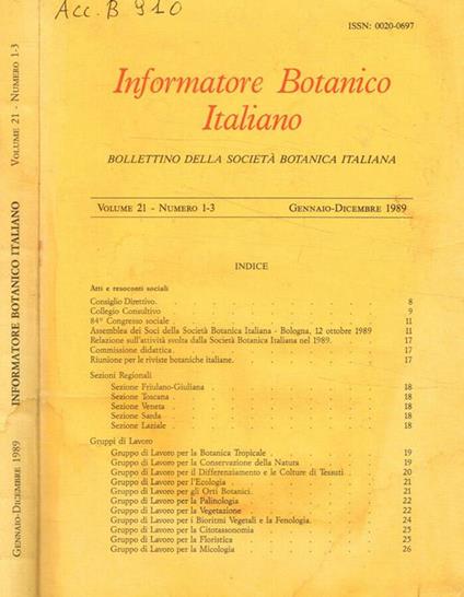 Informatore botanico italiano. Bollettino della societa botanica italiana. Vol.21, fasc.1/3 Gennaio-Dicembre 1989 - Franco Pedrotti - copertina